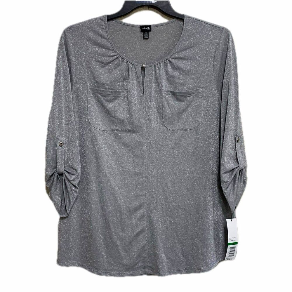 Rafaella Blouse Womens Petite Large Gray Metallic Knit Scoop Neck 3/4 Roll Tab